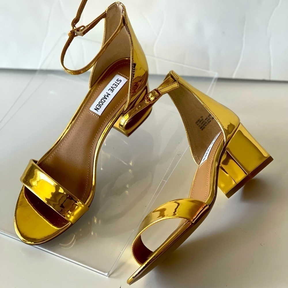Steve Madden Women's Irenee Gold Sandals Platform Block Heels Ankle Strap, Sz 7M